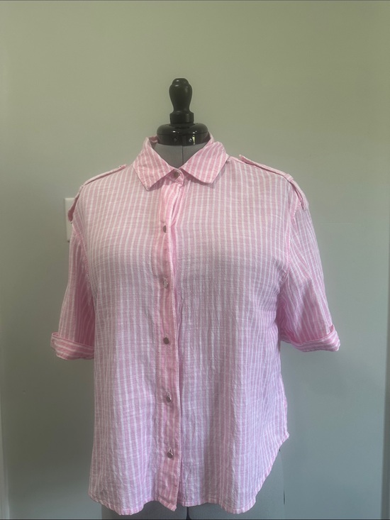Lola River Tops - Women's Pink Striped Button-Down Collared Shirt 100% cotton M